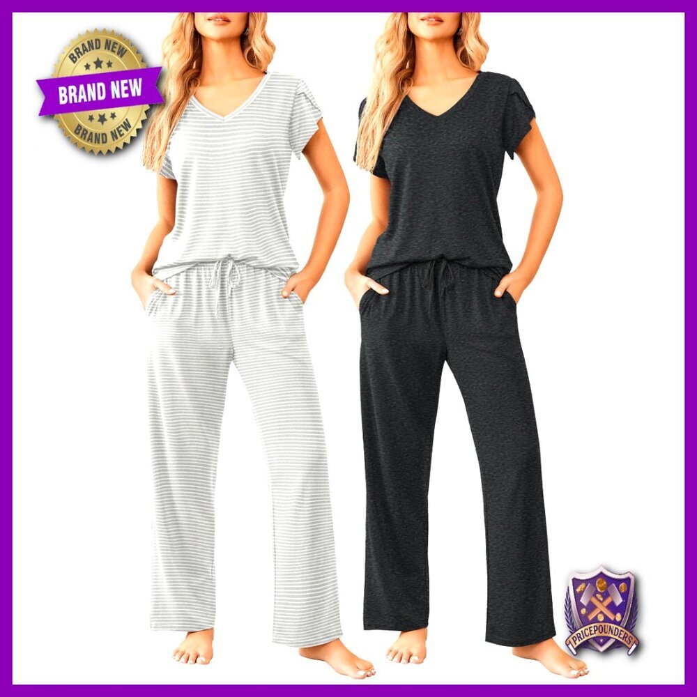 Super-Soft Pajama Set Short Sleeve V-Neck Lounge Wear Medium
